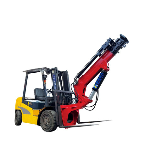 Built Tough Forklift Mounted Jib Boom Crane With Hydraulic Telescoping Boom showing red attachment for heavy lifting at construction sites.