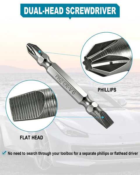 Dual-head screwdriver with Phillips and flat head tips, stainless steel, ideal for automotive use.