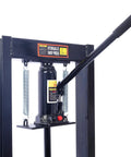 6 Ton Hydraulic Shop Press Heavy Duty H Frame Garage Press With No Sweat Setup and Dual Stamping Plates close-up view showing hydraulic mechanism and handle.