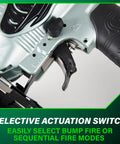 Close-up of selective actuation switch on Finish Nailer With Air Duster For Molding And Cabinetry, NT65M2S tool handle.