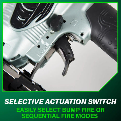 Close-up of selective actuation switch on Finish Nailer With Air Duster For Molding And Cabinetry, NT65M2S tool handle.