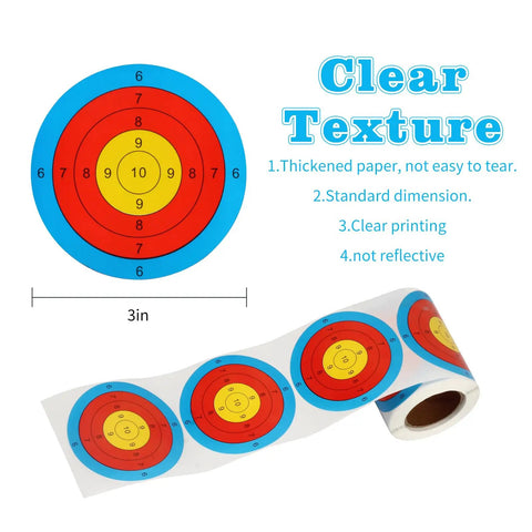 3 Inch Archery Target Stickers Self Adhesive Paper Targets with peel and stick backing, roll displaying colorful targets