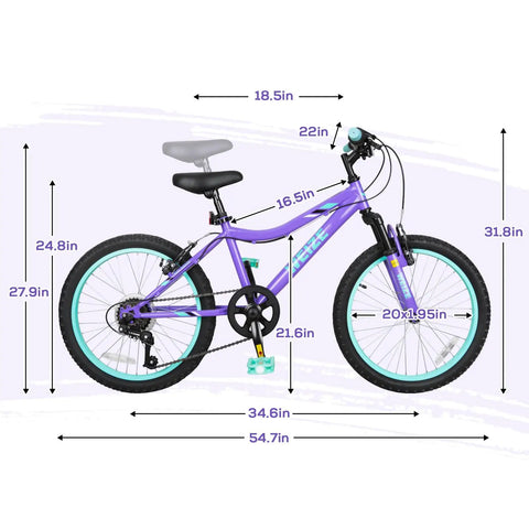 Girls 20 Inch Mountain Bike With Front Suspension For Ages 6 To 14 6 Speed Kids Bicycle Adjustable Seat Height High Carbon Steel Frame Reliable Braking Purple Adventure Ready Ride