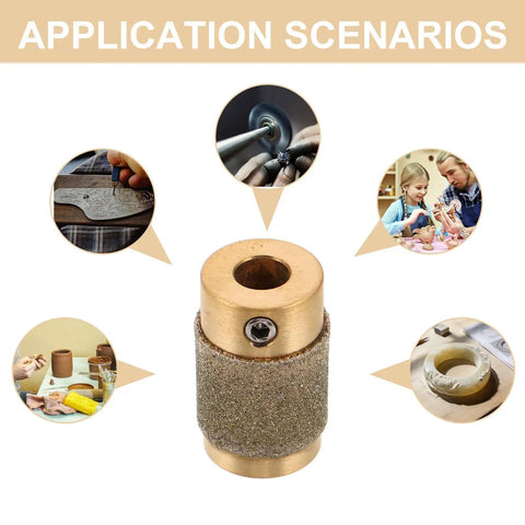 Diamond Grinding Wheel Kit for Stained Glass And Jewelry Polishing With Copper Abrasive Disc Optimized For Home Electric Grinders To Handle Tough Materials Smoothly Without Losing Edge, showing applications and details.