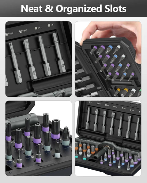 Magnetic Ratchet Screwdriver Set With 40 Precision Bits And 42 In 1 DIY Tool Kit showing organized slots and various bits