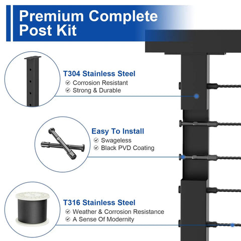DIY Cable Railing Kit For Decks And Stairs, Black Level Drilled Posts, Swageless System With 4 Post Set, 36 Inch Railing Posts, One Eighth Inch Stainless Steel Cable, 300 Feet Total, No Handrail