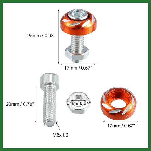 4 Pack Aluminum Alloy License Plate Bolts Screws Nuts For Cars And Motorcycles Orange Long Lasting Universal Fit M6 1.0 Thread Size 6mm Diameter 20mm Length Durable Dope Fasteners For Mudguards Bumpers And Headlights