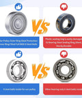 Comparison of bearings showing an 8 steel ball pulley with metal protection versus a 6 steel ball bearing with plastic sealing.