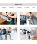 Hands using Heavy-Hitter Rotary Tool Workstation for cutting and polishing on various materials, showing detailed tasks.