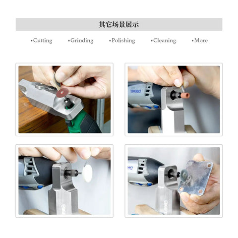 Hands using Heavy-Hitter Rotary Tool Workstation for cutting and polishing on various materials, showing detailed tasks.