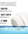 Close-up of Five Pack 1-1/2 Inch PVC Pipe Fittings Hex Nipple G1-1/2 X G1-1/2, showing pressure and temperature ratings above water.