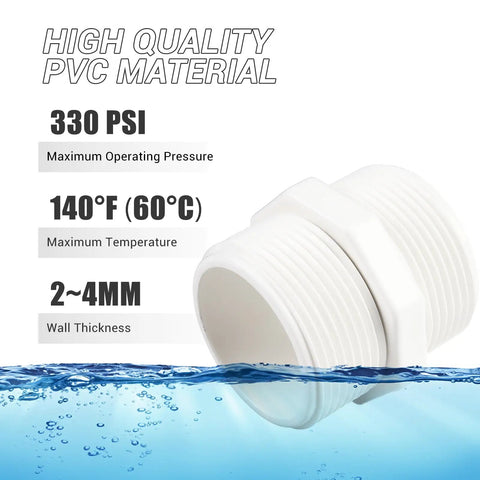 Close-up of Five Pack 1-1/2 Inch PVC Pipe Fittings Hex Nipple G1-1/2 X G1-1/2, showing pressure and temperature ratings above water.