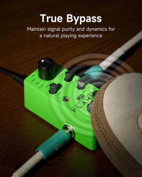 Mini Modulation Pedal With 11 Classic Effects Chorus Flanger Tremolo Phaser Vibrato Rotary Liquid Auto Wah Stutter Ring Low Bit on stage floor with cables