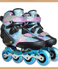 Four Pack Inline Skate Wheels 82A Hardness Replacement Set For Roller Blades And Indoor Skating on blue inline skates.