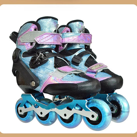 Four Pack Inline Skate Wheels 82A Hardness Replacement Set For Roller Blades And Indoor Skating on blue inline skates.