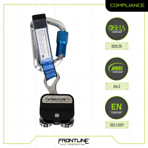Rock Solid Vertical Fall Arrest Ladder System Trolley Featuring Kick Ass Energy Absorber And Hella Strong Ansi Carabiner For Heavy Duty Osha Construction Safety