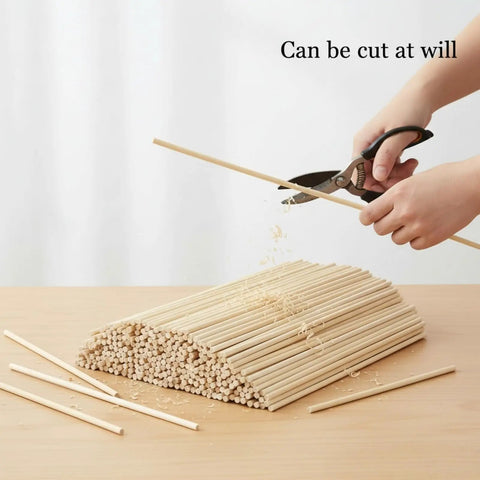 Make Your Next Craft Project A Real Deal Game Changer With These Top Shelf Unfinished Wooden Dowel Rods And Art And Craft Supplies Perfect For Home Decor Artistry Holiday Celebrations And Sharing featuring cuttable bamboo dowel rods being trimmed.