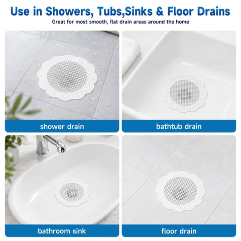 Super Slick Disposable Shower Drain Hair Catchers, 40 Pack Flower Mesh Grates on shower and sink drains for clogs.