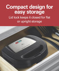 Hamilton Beach Electric Sealed Sandwich Maker Grill For Hot Pockets And Grilled Cheese in a drawer, compact design with lid lock.