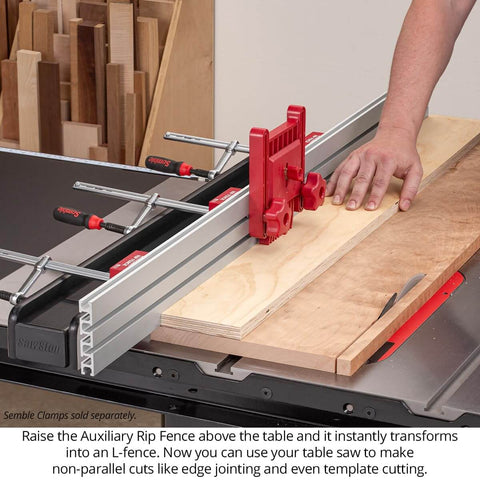 Auxiliary Rip Fence 48 Inch Table Saw Extension For Infeed Or Outfeed Material Support With Built In T Track Slots And Sliding Clamping Blocks Pro Grade USA Made ARF 48 installed on table saw