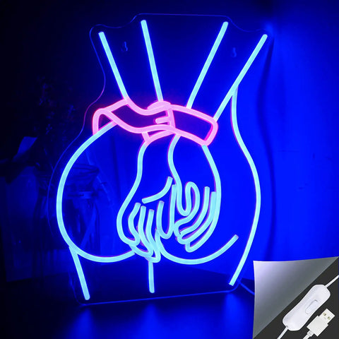 Sexy Woman Neon Sign Wall Light For Home Bar Bedroom Game Room Decor Neon Art Aesthetic Living Room Glow Gift Idea Real Neon Look LED Style Night Light depicting hands tied behind back in blue and pink glow.