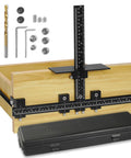Aluminum Cabinet Hardware Jig With Adjustable Template For Precise Hole Spacing And Doweling Guide shown with accessories