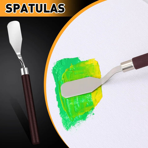All In One Vinyl Weeding Toolkit For DIY Crafters showing spatula applying paint on canvas, part of 33-piece set for scrapbooking and lettering.