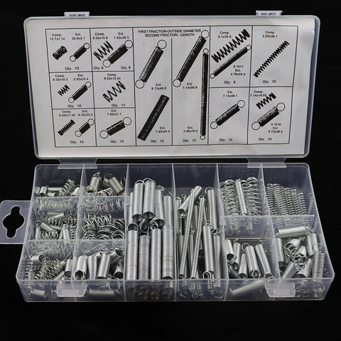 Heavy Duty Steel Wire Extension Spring Replacement Kit, 200 Piece Spring Assortment With Zinc Plated Coils in a plastic case