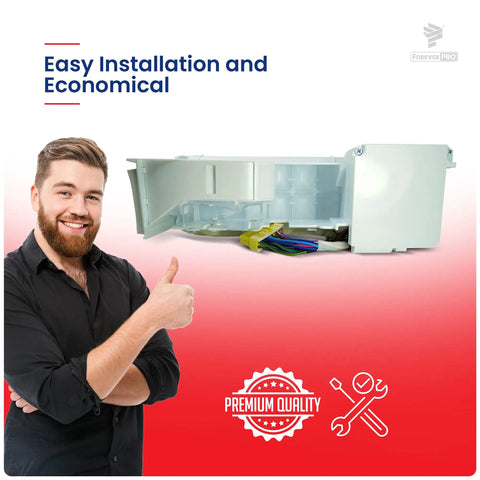Ice Maker Assembly Kit For LG Refrigerator AEQ73110205 on red background with man giving thumbs up.