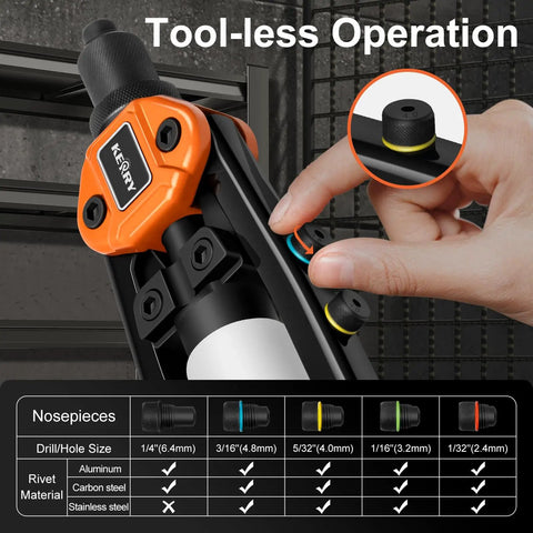 Close-up of Heavy Duty 14 Inch Two-Handed Pop Rivet Gun Kit With 210 Rivets And Five Nosepieces, showcasing nosepiece sizes.