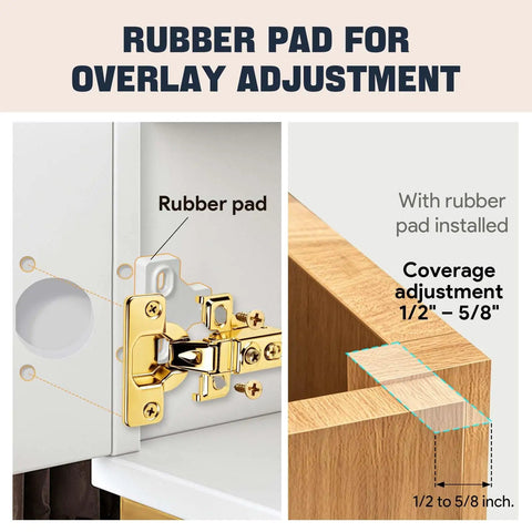 Gold Finish 50 Pack Soft Close Cabinet Hinges For Kitchen Cabinets Half Overlay Stainless Steel Built In Damper 100 Degree Opening 6 Way Adjustment 25 Pairs Easy Install. Image shows gold hinge with rubber pad for overlay adjustment.