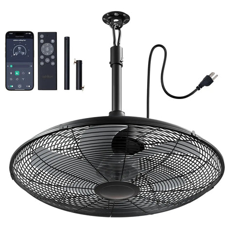 Outdoor Patio Ceiling Fan With Remote And App Control, 20 Inch, IP65 Waterproof, Quiet DC Motor, plug-in hanging caged fan