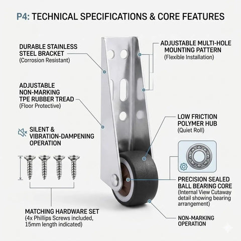 Smooth Operator Vertical Track Roller For Heavy Duty Sliding Barn Doors With Rock Solid Anti Sag Bracket And Quiet Double Bearing Rubber Bottom Wheels Upgrade Kit showing durable stainless steel bracket and adjustable features.