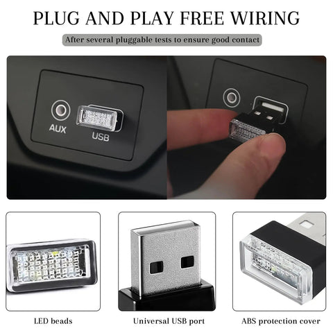 USB LED Car Interior Ambient Lighting Kit With Six Colors Portable Mini Plug In Night Light for Car Decor, close-up view