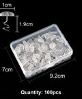 Kickass Upholstery Twist Pins Clear Heads 100 Piece Set Hella Sturdy Bed Skirt Fasteners in clear container, showing size dimensions.