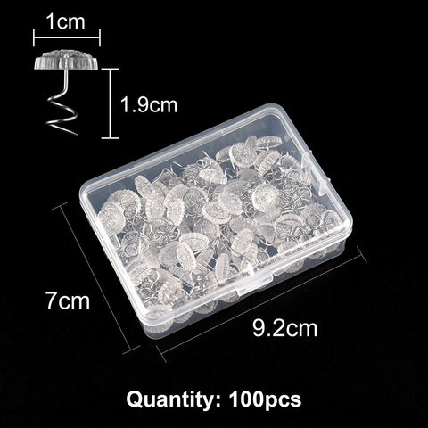 Kickass Upholstery Twist Pins Clear Heads 100 Piece Set Hella Sturdy Bed Skirt Fasteners in clear container, showing size dimensions.