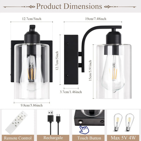 Product dimensions for Set Of Two 8 Inch Battery Wall Sconces With Clear Glass, Farmhouse Indoor Lighting, 4000k Neutral White, Rechargeable Remote Dimmable Fixtures.