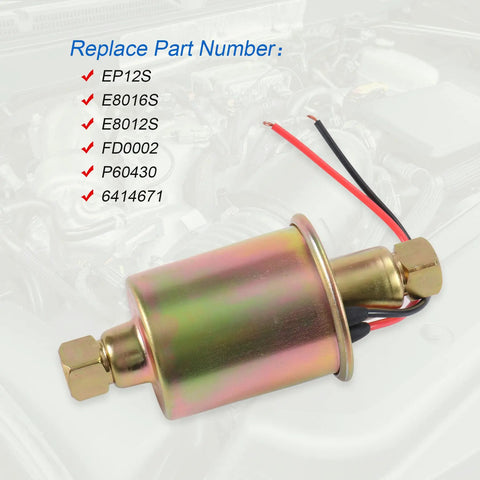 Universal Electric Fuel Pump For Gas, Diesel, Marine And Carbureted Engines, Replaces OE Pump, shown with part numbers listed