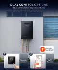 Rock Solid 190000 BTU Outdoor Propane Tankless Water Heater with app and remote control options mounted on a wall.