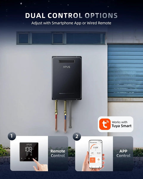 Rock Solid 190000 BTU Outdoor Propane Tankless Water Heater with app and remote control options mounted on a wall.