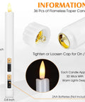 Diagram of 36 Piece Flameless Taper Candles Set, 10 Inch Battery Operated LED Tapers with realistic 3D wick and AA battery use.