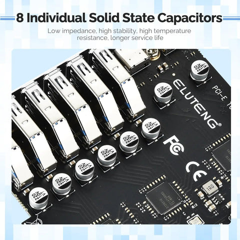 Close-up of Eight Port USB 3.2 PCIe Expansion Card With Two Type C And Six Type A Ports Dual USB Hub showing eight solid state capacitors.