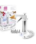 Pro Grade Stainless Steel Cookie Press Gun Kit With 10 Disc Variations And 8 Interchangeable Nozzles Dishwasher Safe 18/10 Inox