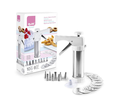 Pro Grade Stainless Steel Cookie Press Gun Kit With 10 Disc Variations And 8 Interchangeable Nozzles Dishwasher Safe 18/10 Inox