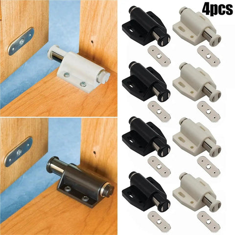 4 Pack Magnetic Latches For Cabinet Doors Single Press To Open Touch Latches in black and beige with mounting plates