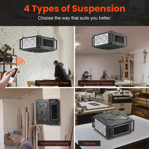 270 Degree Intake Air Filtration System For Woodworking Shops And Garages Ceiling Mounted Dust Collector with Remote showing 4 suspension types