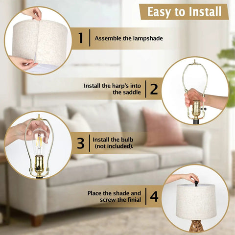 Installation guide for Set Of 2 Rattan Table Lamps With USB Ports, Coastal Woven Bedside Lamps 26 Inch Tall, showing steps.