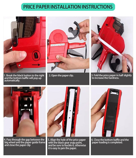 Step-by-step instructions for loading the Two Line Price Tag Gun With A To Z Letters, 20 Digits Per Line, 3 Inkers, 5 Rolls And 2800 White Labels
