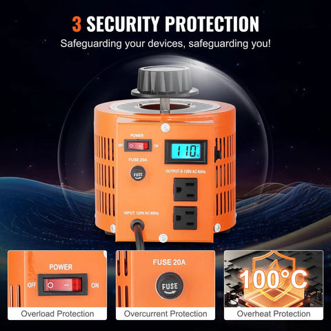 Auto Variable Voltage Transformer 500VA AC Regulator With LCD Display showing 110V and security protection features