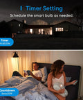 Smart BR30 Flood LED Bulbs 2 Pack Dope Color Changing RGBCW, 1300 Lumens timer setting in bedroom and exterior view
